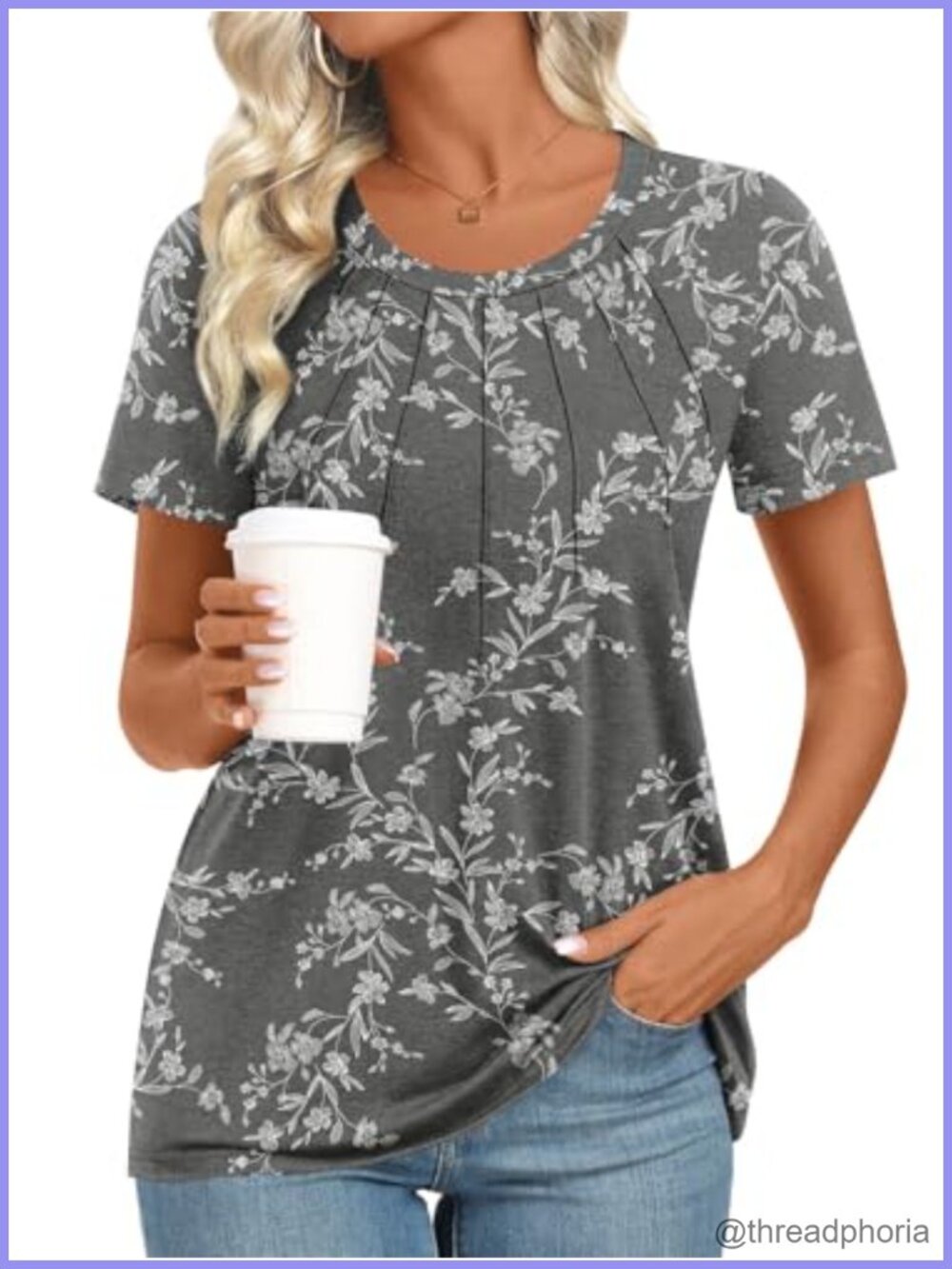 Women's Summer Tunic Top Short Sleeve Pleated Flowy Blouse Casual